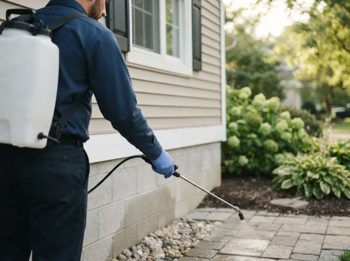 Pest control technician inspecting a home in Shamrock, TX